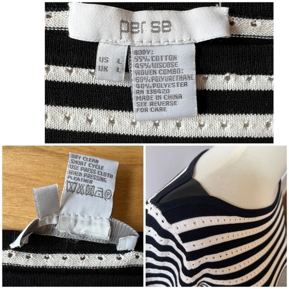 PER SE SWEATER L STRIPED VEGAN LEATHER DETAIL EYELET CASUAL OFFICE PREP - Picture 13 of 13